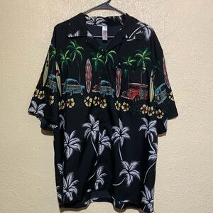 India Boutique Men's Shirt XL Black Red Green Floral Cars Palm Trees Surf Boards